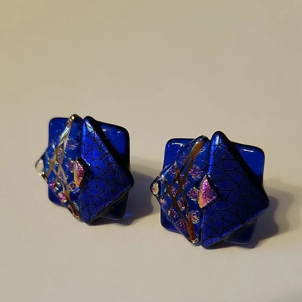 Blue Geometric Earrings Dichroic Glass Stud